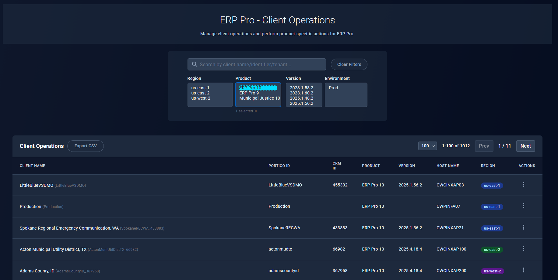 ERP Pro Client Operations page showing the client list and available actions