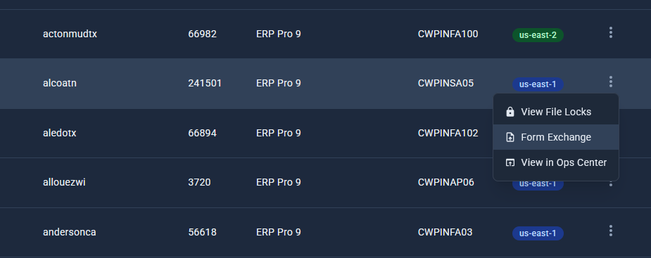 Selecting Form Exchange from the Actions menu in Client Operations