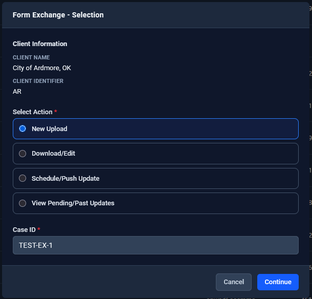 Form Exchange modal with New Upload option selected