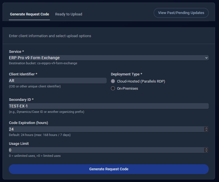 Generate Request Code interface for uploading forms
