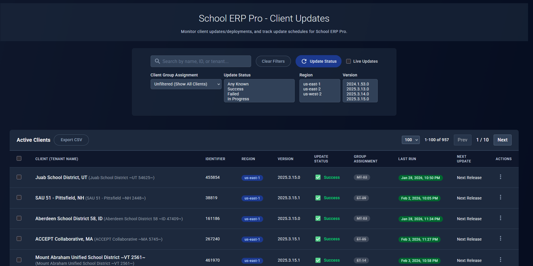 SEP Client Updates page showing client list with status, versions, and filters